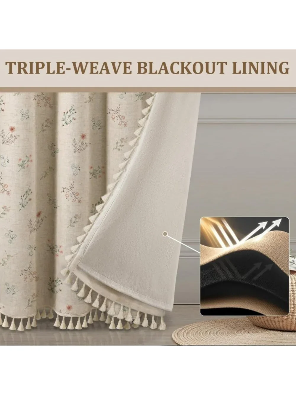 Boho Floral 100% Blackout Curtains, 84-Inch Linen Texture, 2 Panels for Privacy